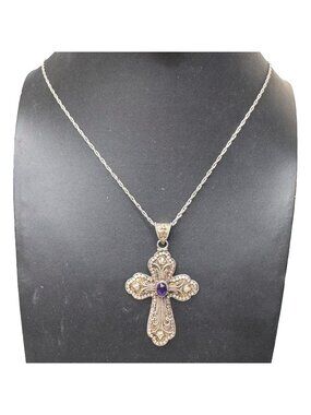 Vtg Sterling Silver Cross Pendant Necklace Amethyst Stone 26" Gothic Edwardian
